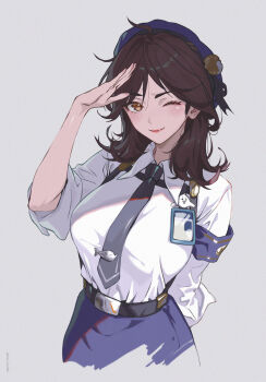 1girl absurdres armband black_necktie blue_armband blue_skirt breasts brown_hair brown_hat closed_mouth collared_shirt commentary grey_background hat highres id_card kuri_kuriku large_breasts long_hair looking_at_viewer necktie one_eye_closed orange_eyes police police_uniform policewoman salute sayuki_(varsapura) shirt shirt_tucked_in simple_background skirt smile solo varsapura white_shirt