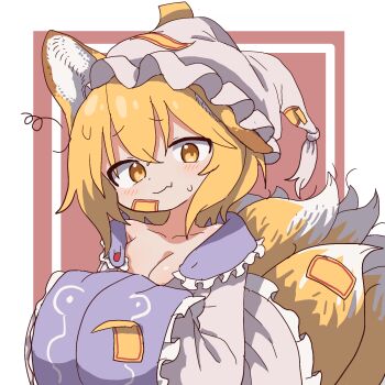 1girl animal_ears blonde_hair blush breasts cleavage collarbone fang fox_ears fox_girl fox_tail hat highres kitsune kyuubi large_breasts loose_clothes magg_(user_mtca8588) medium_hair multiple_tails ofuda ofuda_on_clothes ofuda_on_head own_hands_together skin_fang smile solo tail touhou yakumo_ran yellow_eyes