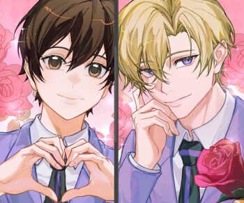 1boy 1girl androgynous bishounen black_necktie blazer blonde_hair brown_eyes brown_hair collared_shirt commentary crossdressing crossdressing_(ftm) dress_shirt floral_background flower fujioka_haruhi hair_between_eyes hand_on_own_face heart heart_hands jacket long_sleeves looking_at_viewer necktie oretsuu ouran_high_school_host_club ouran_high_school_uniform portrait purple_eyes purple_jacket purple_necktie red_flower red_rose reverse_trap rose rose_background school_uniform shirt short_hair smile sparkle split_screen suou_tamaki symbol-only_commentary two-tone_necktie white_shirt