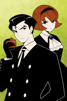1boy 1girl ascot black_dress black_eyes black_hair black_hairband black_jacket brown_hair closed_mouth collared_shirt dress food fruit green_ascot hairband highres holding holding_food holding_fruit jacket nagare750 necktie r_dorothy_wayneright roger_smith shirt short_hair the_big_o tomato white_shirt