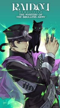 1boy belt black_cat black_hair black_hat black_jacket cape cat copyright_name devil_summoner:_raidou_kuzunoha_vs_the_soulless_army devil_summoner_(series) gakuran gouto green_background grey_eyes hat highres hungry_clicker jacket kuzunoha_raidou male_focus official_art one_eye_covered peaked_cap purple_cape school_uniform short_hair smile solo upper_body