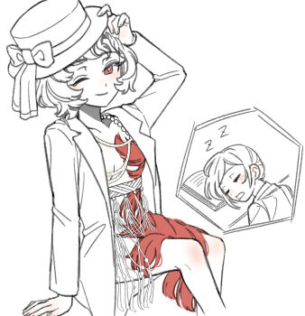 Rule 34 | 2girls, ;), arm support, boater hat, book, bow, coat, commentary request, dress, drooling, feather dress, feet out of frame, hand on headwear, hat, hat bow, headwear switch, ioi 33333, jewelry, korean commentary, lineart, looking at viewer, mouth drool, multiple girls, necklace, one eye closed, open book, open clothes, open coat, open mouth, red dress, red eyes, reverse:1999, schneider (reverse:1999), short dress, short hair, sitting, sleeping, sleeping on desk, smile, solo focus, spot color, vertin (reverse:1999), white background, zzz