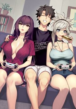 1boy 2girls absurdres bare_legs bare_shoulders black_hair black_shirt blue_eyes blue_shorts breasts camisole choker cleavage closed_eyes controller couch covered_erect_nipples fate/grand_order fate_(series) food fujimaru_ritsuka_(male) game_controller grey_camisole grin highres long_hair miyamoto_musashi_(fate) multiple_girls partially_unbuttoned pink_hair purple_hair purple_shirt red_eyes remote_control_vibrator rioliogiz scathach_(fate) sex_toy shirt short_shorts short_sleeves shorts smile thighs vibrator