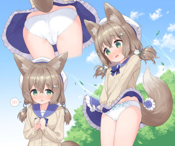 1girl animal_ear_fluff animal_ears ass blue_skirt blush brown_hair brown_shirt cameltoe cloud commission embarrassed fox_ears fox_girl fox_tail green_eyes hair_ornament hairclip loli long_hair makigai multiple_views open_mouth original outdoors panties pantyshot print_panties shirt skeb_commission skirt skirt_tug sky spoken_blush tail thighs twintails underwear white_panties wind wind_lift