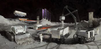 3others absurdres astronaut bulldozer excavator highres mining moon motor_vehicle multiple_others original radiator scenery science_fiction shadow shipping_container solar_panel space sunlight unmanned_ground_vehicle whaleoil