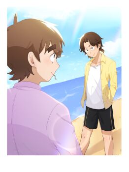 Rule 34 | 2boys, absurdres, alternate costume, animification, antenna hair, beach, black eyes, black male swimwear, border, brown hair, buttons, casual, chinese commentary, cigarette, cloud, commentary request, curtained hair, eddsworld, eye contact, hands in pockets, highres, lens flare, light rays, long sleeves, looking at another, low ponytail, male focus, male swimwear, mouth hold, multiple boys, open clothes, open shirt, outdoors, patryck (eddsworld), paul (eddsworld), piao-water, pink shirt, ponytail, sand, scar, scar across eye, scar on face, shirt, short hair, short ponytail, sky, standing, swim trunks, thick eyebrows, unlit cigarette in mouth, water, white border, white shirt, yellow shirt