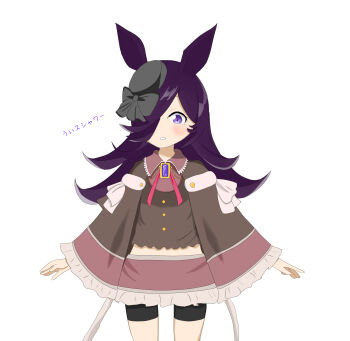 1girl absurdres alternate_eye_color alternate_hair_color animal_ears bare_legs beret black_shorts blush bow brooch brown_capelet brown_vest buttons capelet collared_shirt commentary_request cosplay cowboy_shot cropped_shirt flipped_hair frilled_capelet frilled_shirt_collar frilled_skirt frills fur-trimmed_capelet fur_trim gem grey_bow grey_hat hair_over_one_eye hat hat_bow highres horse_ears horse_girl iwami_manaka jewelry long_hair looking_at_viewer magia_record:_mahou_shoujo_madoka_magica_gaiden magical_girl mahou_shoujo_madoka_magica masa_viper1804 midriff mini_hat miniskirt neck_ribbon one_eye_covered parted_lips pink_capelet pink_ribbon pink_shirt pink_skirt purple_eyes purple_gem purple_hair ribbon rice_shower_(umamusume) shirt shorts shorts_under_skirt simple_background skirt sleeve_bow solo soul_gem standing straight-on tamaki_ui tamaki_ui_(cosplay) two-tone_capelet umamusume vest voice_actor_connection white_background white_bow