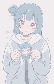 1girl absurdres black_choker blue_hair blunt_bangs blush character_doll choker collarbone commentary_request doll flower_symbol grey_jacket gyorui_(katsuwo_drawing) hair_bun highres holding holding_doll jacket long_hair long_sleeves love_live! love_live!_sunshine!! open_clothes open_jacket parted_lips pink_eyes single_side_bun solo tsushima_yoshiko upper_body