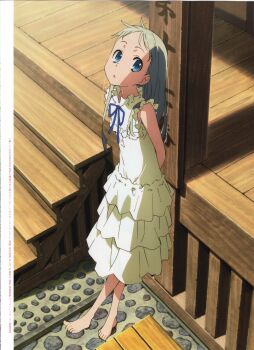 1girl absurdres ano_hi_mita_hana_no_namae_wo_bokutachi_wa_mada_shiranai. arms_behind_back barefoot blue_eyes dress full_body grey_hair highres honma_meiko incredibly_absurdres long_hair looking_at_viewer parted_lips scan solo tanaka_masayoshi white_dress