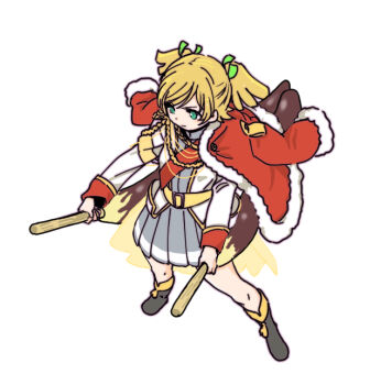 1girl aiguillette belt belt_buckle black_boots blonde_hair boots buckle chocolate-covered_food chocolate_banana closed_mouth commentary_request daiba_nana dual_wielding epaulettes food from_above full_body fur-trimmed_jacket fur_trim green_eyes green_ribbon grey_skirt hair_ribbon hands_up holding holding_food jacket jacket_on_shoulders knee_boots long_sleeves looking_ahead miniskirt oversized_food oversized_object pleated_skirt red_jacket red_sash ribbon sash shinanoya_(satanicad) short_hair short_twintails shoujo_kageki_revue_starlight shoulder_sash simple_background single_stripe skirt solo standing striped_clothes striped_skirt tassel twintails v-shaped_eyebrows waist_cape white_background white_jacket yellow_belt