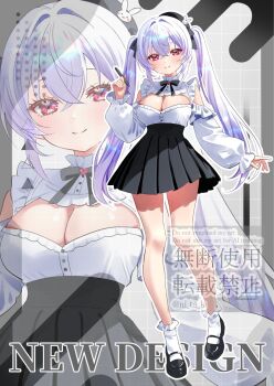 1girl black_hat black_ribbon black_shoes black_skirt blush breasts cleavage cleavage_cutout closed_mouth clothing_cutout commentary_request crossed_bangs full_body hair_between_eyes hair_ribbon hat high-waist_skirt highres holding holding_stylus iriam iridescent_hair large_breasts long_hair long_sleeves looking_at_viewer miniskirt nitak_(iriam) nta_(n_tan2) pink_eyes purple_hair ribbon shirt shoes skirt smile socks stylus twintails virtual_youtuber watermark white_shirt white_socks zoom_layer