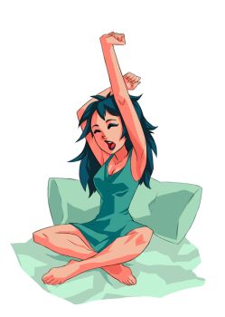 1girl bed breasts ghostbusters goth_fashion kylie_griffin pillow waking_up