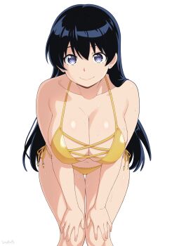 1girl absurdres arato_nagi bare_arms bare_shoulders bent_over bikini black_hair blue_eyes breasts closed_mouth commentary earrings feet_out_of_frame full_cleavage gold_bikini hair_between_eyes hands_on_own_knees highres jewelry large_breasts long_hair looking_at_viewer navel ruri_no_houseki side-tie_bikini_bottom signature simple_background smile solo standing stayaliveplz stud_earrings sweat swimsuit thigh_gap very_long_hair white_background