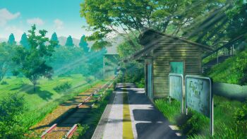 3d blender_(medium) blue_sky cloud commentary_request day forest grass highres landscape light_rays miramiramax mirror mountainous_horizon nature no_humans original outdoors photoshop_(medium) railing railroad_tracks scenery shack sign sky stairs summer tactile_paving train_station train_station_platform tree vanishing_point