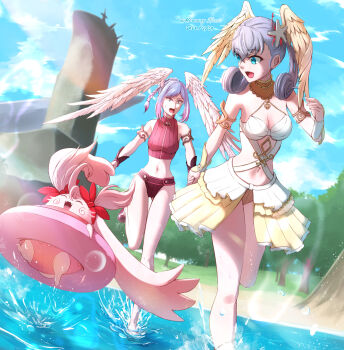 3girls breasts cleavage head_wings highres melia_antiqua mercury_xeno multiple_girls nene_(xenoblade) nopon outdoors pink_fur silver_hair swimsuit tyrea_(xenoblade) water wings xenoblade_chronicles:_future_connected xenoblade_chronicles_(series) xenoblade_chronicles_1