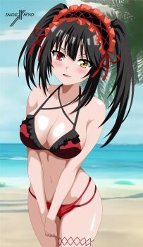 Rule 34 | 1girl, absurdres, azur lane, beach, bikini, black hair, blue sky, blush, breasts, cleavage, clock eyes, collarbone, date a live, day, hairband, heterochromia, highres, indexxryo, large breasts, lolita hairband, looking at viewer, navel, ocean, outdoors, red bikini, red eyes, sky, solo, swimsuit, symbol-shaped pupils, tokisaki kurumi, tokisaki kurumi (spirit), tokisaki kurumi (twin rose), twintails, yellow eyes