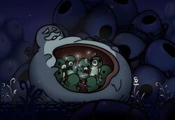 card cave grub_(hollow_knight) grubfather_(hollow_knight) highres hollow_knight playing_card protecting stone worm