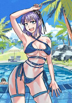 1boy 1girl absurdres arm_up bikini black_hair blue_bikini blue_eyes blue_sky breasts contrapposto cowboy_shot dagashi_kashi highres looking_at_viewer medium_breasts navel open_mouth outdoors pool purple_hair reiquant shidare_hotaru shikada_kokonotsu short_hair side-tie_bikini_bottom sky smile solo_focus standing swimsuit teeth upper_teeth_only