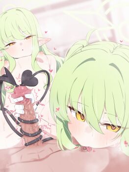 1boy 2girls blue_archive blush breasts censored completely_nude demon_tail erection ffm_threesome gloved_handjob gloves green_hair group_sex halo handjob heart heart-shaped_pupils hetero hikari_(blue_archive) licking licking_nipple loli long_hair looking_at_viewer mosaic_censoring multiple_girls nipple_stimulation nipples nozomi_(blue_archive) nude open_mouth penis pointy_ears pov side_ponytail small_breasts sweat symbol-shaped_pupils tail tail_wrap take_mawile threesome tongue tongue_out twitching_penis white_gloves yellow_eyes
