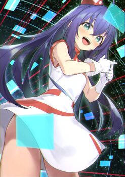 1girl commentary dress dutch_angle garrison_cap gloves hat highres idolmaster idolmaster_million_live! long_hair looking_at_viewer mochizuki_anna open_mouth purple_hair shennai_misha sleeveless sleeveless_dress solo thighs voy@ger_(idolmaster) white_gloves x_fingers