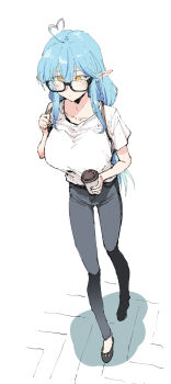 Rule 34 | 1girl, ahoge, alternate costume, backpack, bag, black-framed eyewear, black shoes, blue hair, breasts, casual, closed mouth, commentary, cup, disposable coffee cup, disposable cup, expressionless, from above, full body, glasses, grey pants, heart, heart ahoge, henriiku (ahemaru), highres, holding, holding cup, hololive, large breasts, long hair, multicolored hair, pants, pink hair, pointy ears, semi-rimless eyewear, shirt, shirt tucked in, shoes, short sleeves, sidelocks, simple background, solo, streaked hair, tented shirt, virtual youtuber, walking, white background, white shirt, yellow eyes, yukihana lamy
