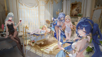 5girls absurdres ai-assisted alcohol arm_support armlet asymmetrical_legwear bandage_over_one_eye bath bathtub black_leotard blonde_hair blue_eyes blue_flower blue_hair blush bottle bra braid breasts candle candlestand cantarella_(wuthering_waves) cartethyia_(wuthering_waves) chandelier claw_foot_bathtub cleavage closed_mouth crown_of_thorns cup curtains desk detached_sleeves drinking_glass earrings facial_mark finger_to_mouth flower grey_hair grey_pantyhose hair_flower hair_ornament hair_ribbon hand_on_own_hip headdress highres holding holding_cup holding_towel indoors iuno_(wuthering_waves) jewelry lace-trimmed_leotard lace_trim large_breasts laurel_crown leaning_forward leaning_to_the_side legwear_cutout leotard long_hair looking_at_another looking_at_viewer looking_back lying mark_under_eye median_furrow medium_breasts mirror multiple_earrings multiple_girls naked_towel on_back one_eye_closed open_mouth pantyhose partially_submerged phoebe_(wuthering_waves) phrolova_(wuthering_waves) pink_flower pink_nails pointy_ears portrait_(object) purple_eyes quill ribbon ring rug shrug_(clothing) single_thighhigh sitting small_breasts smile soap_bottle standing steam strapless strapless_leotard surprised tacet_mark_(wuthering_waves) thigh_strap thighhighs towel trash_can twin_braids underwear uneven_legwear vase very_long_hair white_bra white_flower white_leotard white_shrug white_thighhighs wide-eyed window wine wine_bottle wine_glass wuthering_waves xiaogeng_geng