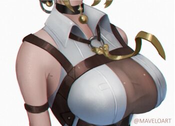 1girl arm_strap bare_shoulders black_choker blonde_hair breast_focus breasts chest_harness choker commentary english_commentary evelyn_chevalier harness large_breasts maveloart necktie ring_hair_ornament shirt simple_background sleeveless sleeveless_shirt solo twitter_username white_background white_shirt yellow_necktie zenless_zone_zero