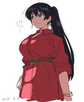 Rule 34 | 1girl, arato nagi, black hair, blue eyes, breasts, dress, earrings, highres, jewelry, large breasts, long hair, ponytail, red dress, ruri no houseki, smile, solo, takatisakana, white background