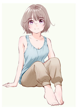 1girl barefoot blue_shirt breasts brown_hair brown_pants cleavage full_body hair_between_eyes looking_at_viewer original pants purple_eyes shirt short_hair simple_background sitting sleeveless sleeveless_shirt small_breasts solo yamanaka_kouji_(yanchiki2001)
