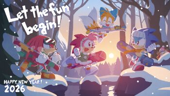 1girl 2026 4boys absurdres amy_rose bare_tree beanie black_eyes blinking_inside_eyes blue-tinted_eyewear blue_fur blue_hat blue_scarf blue_shoes blue_tail breath brown_facial_hair classic_amy classic_eggman classic_knuckles classic_sonic classic_tails commentary_request cross-section dated dated_commentary dr._eggman dress earflap_beanie earmuffs echidna english_text eyelashes facial_hair fox full_body fur-trimmed_dress fur_collar fur_hat fur_trim furry furry_female furry_male glasses gloves goggles goggles_on_head gradient_sky green-framed_eyewear green_dress green_scarf green_sleeves happy happy_new_year hat hat_with_ears hedgehog highres holding_ski_pole holding_skis holding_snowboard karasuno_yui knuckles_the_echidna laces mittens mountain multicolored_shoes multiple_boys multiple_tails new_year official_art open_mouth orange_fur orange_scarf orange_tail outdoors peeking pince-nez pine_tree pink_fur pink_hat pointing pointing_with_thumb pom_pom_(clothes) pom_pom_hat_ornament pond red_fur red_hat red_shirt red_shoes red_sleeves red_tail rimless_eyewear rock round_eyewear running scarf sega shirt shoes short_tail ski_goggles ski_pole skis sky sneakers snow snowboard snowing sonic_(series) sonic_the_hedgehog sonic_the_hedgehog_(classic) spiked_gloves spiked_knuckles sun sunset tail tails_(sonic) teeth tinted_eyewear tongue tree two-tone_fur two-tone_shoes two-tone_tail two_tails white_fur white_gloves white_mittens white_shoes white_tail winter yellow_scarf yellow_shoes