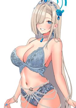 Rule 34 | 1girl, asuna (blue archive), bare shoulders, blonde hair, blue archive, blue bra, blue eyes, blue flower, blue gem, blue halo, blue nails, blue panties, blue rose, blush, bra, bracelet, breasts, choker, cleavage, collarbone, crown, earrings, floral print, flower, flower earrings, gem, grin, hair flower, hair ornament, hair over one eye, halo, highres, jewelry, lace, lace-trimmed bra, lace-trimmed panties, lace trim, large breasts, long hair, looking at viewer, mole, mole on breast, nail polish, nakano kura, navel, necklace, panties, pearl bracelet, pearl choker, print bra, print panties, rose, smile, solo, standing, teeth, thighs, tiara, underwear, very long hair, white background