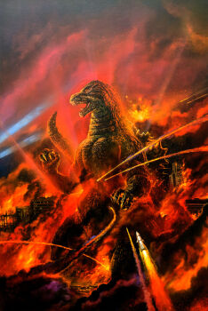 Rule 34 | bob eggleton, building, city, destruction, dinosaur, epic, fire, godzilla, godzilla (series), godzilla vs. king ghidorah, highres, kaiju, military, missile, no humans, official art, orange eyes, sea monster, searchlight, sharp teeth, skyscraper, smoke, spikes, spotlight, tail, teeth, toho, tongue, war