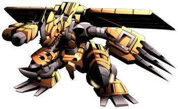 1boy android arm_cannon armor blue_eyes digimon full_armor glowing glowing_eyes horns looking_at_viewer looking_to_the_side machine mecha mechanical_arms mori_no_kaeru no_humans red_eyes robot sharp_teeth simple_background tail teeth weapon white_background zekegreymon