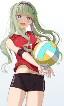 Rule 34 | 1girl, :d, ball, bandaged fingers, bandages, black hairband, black shorts, blush, bound, breast press, breasts, collarbone, commentary, cowboy shot, elbow pads, english commentary, floating hair, gradient background, green hair, hair ornament, hairband, hairclip, heaven burns red, highres, large breasts, long hair, long sidelocks, looking at object, midriff, mochimugi rice, mole, mole under mouth, multicolored hair, murofushi risa, navel, open mouth, playing sports, purple eyes, shorts, sidelocks, smile, solo, sportswear, twintails, very long hair, volleyball (object), volleyball uniform, wavy hair