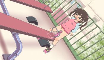 1girl animated animated_gif bdsm blush body_blush bondage bottomless bound bound_legs brown_hair censored clenched_teeth collarbone copyright_request dildo dutch_angle facing_viewer female_ejaculation female_focus flat_chest full_body green_eyes hair_bobbles hair_ornament half-closed_eyes jitome kogakunama legs_apart loli looping_animation navel nose_blush object_insertion open_mouth outdoors pink_shirt playground pussy pussy_juice pussy_juice_puddle pussy_juice_trail restrained rope seesaw sex_toy shiny_skin shirt solo standing stomach_bulge tears teeth twintails vaginal vaginal_object_insertion