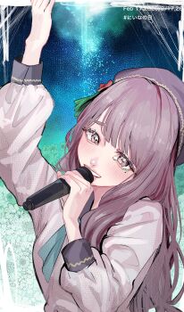 Rule 34 | 1girl, absurdres, animification, arm up, beret, black hat, brown eyes, brown hair, commentary, date pun, dated, dream believers, dress, floral background, green ribbon, grin, hanamiya nina, hashtag, hashtag-only commentary, hat, highres, holding, holding microphone, jin (oihlf), link! like! love live!, long hair, long sleeves, love live!, microphone, mole, mole under eye, music, neck ribbon, number pun, real life, ribbon, singing, smile, solo, untranslatable commentary, upper body, voice actor, white dress