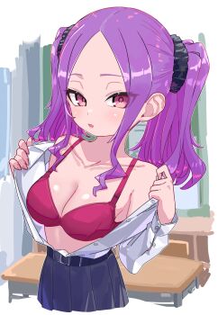 1girl alternate_breast_size_(larger) bare_shoulders belt black_skirt bra breasts cleavage collarbone fate/grand_order fate_(series) forehead hair_ornament hair_scrunchie highres large_breasts long_hair long_sleeves looking_at_viewer niwaikanai off_shoulder parted_bangs purple_eyes purple_hair red_bra scrunchie shirt sidelocks skirt twintails underwear white_shirt wu_zetian_(fate)