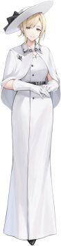 1girl azur_lane black_boots blonde_hair boots dress gloves grey_eyes hat highres jewelry maria_(azur_lane) necklace non-web_source official_art simple_background smile solo transparent_background white_dress white_gloves white_hat