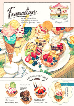 blueberry bowl carriage chocolate_syrup commentary_request english_text food food_focus fork fruit highres ice_cream ice_cream_cone leaf menu napkin no_humans original plate realistic revision somemachi spoon strawberry strawberry_slice sundae syrup table