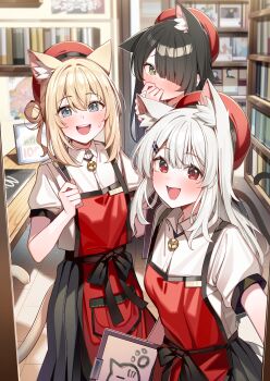 3girls absurdres animal_ear_fluff animal_ears apron beret black_hair black_skirt blue_eyes blush bookstore brown_eyes cat_ears cat_girl cat_tail clipboard commentary hair_between_eyes hair_bun hair_intakes hair_over_one_eye hat highres holding holding_clipboard long_hair looking_at_viewer multiple_girls muo_(muojjang_0929) open_mouth orange_hair original puffy_short_sleeves puffy_sleeves red_apron red_eyes red_hat shirt shop short_sleeves side_up_bun single_hair_bun single_side_bun skirt smile sweat tail white_hair white_shirt