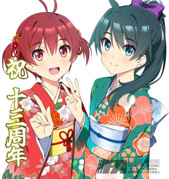 2girls absurdres ahoge anniversary antenna_hair commentary_request floral_print green_eyes green_hair green_kimono highres index_finger_raised isshiki_akane japanese_clothes kimono multiple_girls nonbe open_mouth ponytail red_eyes red_hair red_kimono round_teeth saegusa_wakaba short_hair simple_background teeth twitter_username upper_body upper_teeth_only vividred_operation w watermark white_background