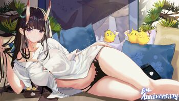 &gt;_&lt; 1girl absurdres azur_lane black_hair black_panties breasts feet_out_of_frame hand_in_own_hair highres horns kuroikitsu31 large_breasts long_hair looking_at_viewer lying manjuu_(azur_lane) multi-strapped_panties noshiro_(azur_lane) on_side panties partially_unbuttoned pillow purple_eyes sakura_empire_(emblem) solo underwear