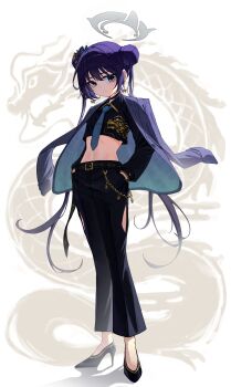 1girl absurdres belt black_pants blue_archive blue_necktie cropped_jacket double_bun dragon_print full_body grey_eyes grey_halo hair_bun halo high_heels highres jacket jacket_on_shoulders kisaki_(blue_archive) long_hair midriff munbinggu navel necktie pants solo striped_clothes