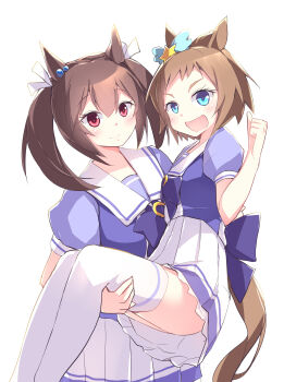 Rule 34 | 2girls, absurdres, animal ears, biko pegasus (umamusume), blue eyes, blush, bow, bowtie, breasts, brown hair, carrying, carrying person, closed mouth, commentary request, ear ornament, hair between eyes, hair ornament, highres, hishi akebono (umamusume), horse ears, horse girl, horse tail, kanzakietc, long hair, looking at viewer, multiple girls, open mouth, pleated skirt, puffy short sleeves, puffy sleeves, purple bow, purple bowtie, purple shirt, red eyes, sailor collar, sailor shirt, school uniform, shirt, short hair, short sleeves, simple background, skirt, smile, tail, thighhighs, tracen school uniform, twintails, umamusume, white background, white sailor collar, white skirt, white thighhighs, wing ornament