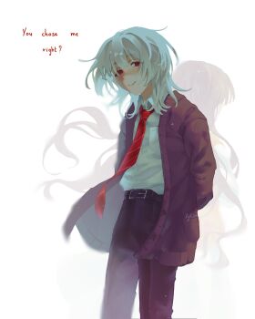 Rule 34 | 1boy, 1girl, arms behind back, back-to-back, brown cardigan, brown pants, cardigan, collared shirt, cowboy shot, cytise, diagonal-striped clothes, diagonal-striped necktie, dress shirt, english text, highres, long hair, necktie, pants, red eyes, red necktie, saihate eki, shirt, simple background, smile, solo focus, striped clothes, tatsunami shion, tenjiku aoi, white background, white shirt