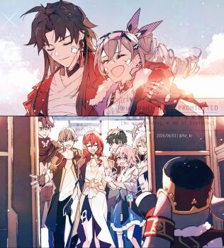 1other 3girls 5boys animal_ears aqua_eyes arm_around_neck artificial_flower artist_name astral_express_(honkai:_star_rail) bandaged_chest bandaid bandaid_on_face black-framed_eyewear black_gloves black_hair black_jacket black_pants black_scarf black_shirt blade_(honkai:_star_rail) blue_eyes blue_skirt blue_sky breasts brown_hair buttons caelus_(honkai:_star_rail) camera chinese_clothes closed_eyes closed_mouth clothes_around_waist cloud cloudy_sky coat collared_coat collared_shirt commentary_request creature crossed_bangs dan_heng_(honkai:_star_rail) dan_heng_(hunt)_(honkai:_star_rail) dated day dress drill_hair drill_ponytail earrings feet_out_of_frame fingerless_gloves flower from_behind fur-trimmed_jacket fur_trim glasses gloves grey_hair grey_jacket hair_flower hair_ornament hair_ribbon halo halo_behind_head hand_on_another's_arm hand_up hands_up happy hat high_ponytail highres himeko_(honkai:_star_rail) honkai:_star_rail honkai_(series) hood hooded_jacket hz_kr indoors jacket jewelry large_breasts long_hair long_sleeves looking_at_another march_7th_(honkai:_star_rail) march_7th_(preservation)_(honkai:_star_rail) mortenax_blade_(honkai:_star_rail) multiple_boys multiple_girls open_clothes open_coat open_jacket open_mouth outdoors pants pink_hair pleated_skirt pom-pom_(honkai:_star_rail) ponytail purple_jacket purple_ribbon rabbit_ears red_coat red_hair red_hat red_jacket ribbon scar scar_on_face scarf semi-rimless_eyewear shirt short_hair sidelocks silver_wolf_(honkai:_star_rail) single_earring single_sidelock skirt sky smile standing sun sunday_(honkai:_star_rail) sunlight t-shirt tank_top tassel tassel_earrings trailblazer_(honkai:_star_rail) train two-sided_fabric two-sided_jacket upper_body watermark wavy_hair welt_yang white_dress white_jacket white_shirt white_tank_top yellow_eyes yellow_jacket