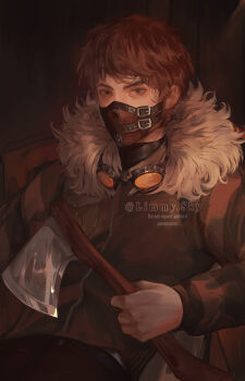 1boy axe black-framed_eyewear black_background black_pants brown_hair brown_jacket brown_mask commentary covered_mouth creepypasta english_commentary film_grain fur-trimmed_jacket fur_trim goggles goggles_around_neck grey_eyes highres holding holding_axe instagram_username jacket limmysky long_sleeves looking_at_viewer male_focus mask mouth_mask orange-tinted_eyewear pants puffy_long_sleeves puffy_sleeves short_hair simple_background striped_sleeves thick_eyebrows ticci_toby tinted_eyewear upper_body very_short_hair watermark