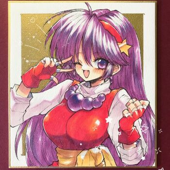 Rule 34 | asamiya athena, bead necklace, beads, blush, earrings, fang, fang out, fingerless gloves, gloves, hair between eyes, hair ornament, hair ribbon, heart, idol, jewelry, kikki (pixiv2380132), light blush, long hair, necklace, one eye closed, open mouth, psycho soldier, purple eyes, purple hair, red gloves, red shirt, ribbon, sash, shikishi, shirt, snk, sparkle, star (symbol), star hair ornament, the king of fighters, the king of fighters '98, upper body, v, yellow sash