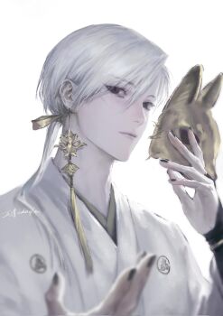 Rule 34 | 1boy, black nails, blurry, blurry foreground, bridal gauntlets, earrings, fox mask, fox mask (silent hill), hair between eyes, hair ribbon, highres, japanese clothes, jewelry, looking at viewer, low ponytail, male focus, mask, nail polish, outstretched hand, pale skin, ponytail, removing mask, ribbon, robe, signature, silent hill (series), silent hill f, single earring, solo, tassel, tassel earrings, whistle 0324, white background, white hair, white robe