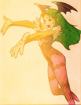 Rule 34 | 1girl, :d, animal print, bare shoulders, bat print, bat wings, bengus, black leotard, breasts, bridal gauntlets, capcom, cleavage, clothing cutout, darkstalkers, demon girl, facing to the side, fur-trimmed leotard, fur trim, game cg, green eyes, green hair, head wings, heart cutout, highleg, highleg leotard, highres, large breasts, leotard, long hair, marvel vs. capcom, marvel vs. capcom 2, morrigan aensland, non-web source, off-shoulder leotard, official art, open mouth, outstretched arms, pantyhose, print pantyhose, purple pantyhose, purple wings, scan, simple background, smile, solo, wings